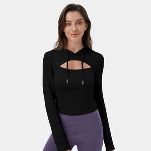 Halara NWT Hooded Drawstring Cut Out Cropped Casual Hoodie Sweatshirt